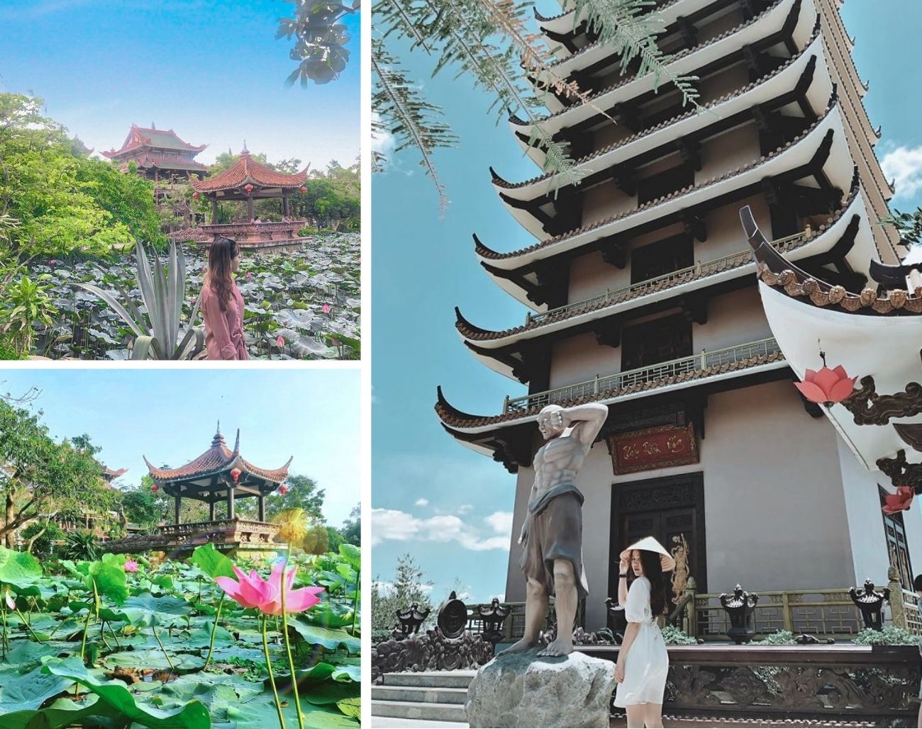 Check-in Chùa Thiên Hưng Bình Định view tháp và hồ sen