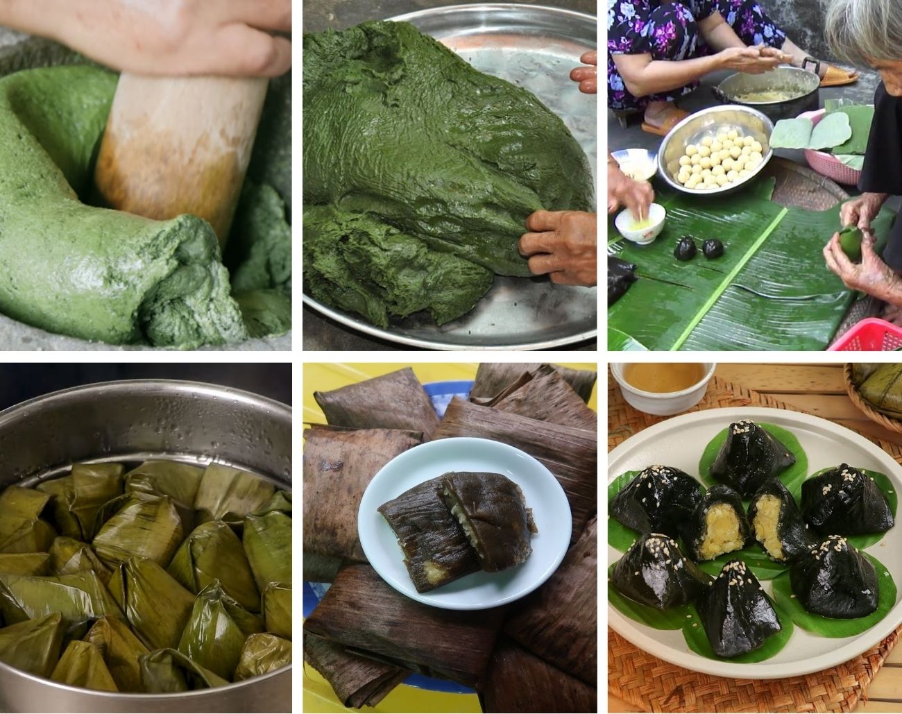 Quá trình gói và hấp bánh (lá chuối + lá gai)
